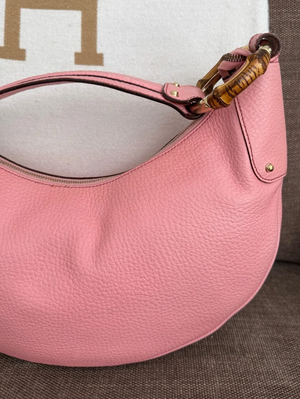 Authentic Gucci pink leather hobo bag bamboo accents shoulder bag
